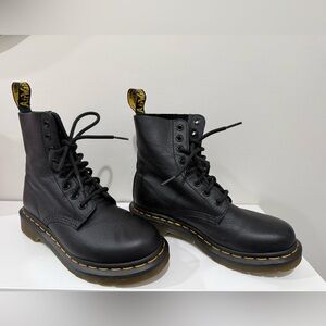 Dr. Martens Black Leather Lace-Up Combat Boots with Yellow Stitching